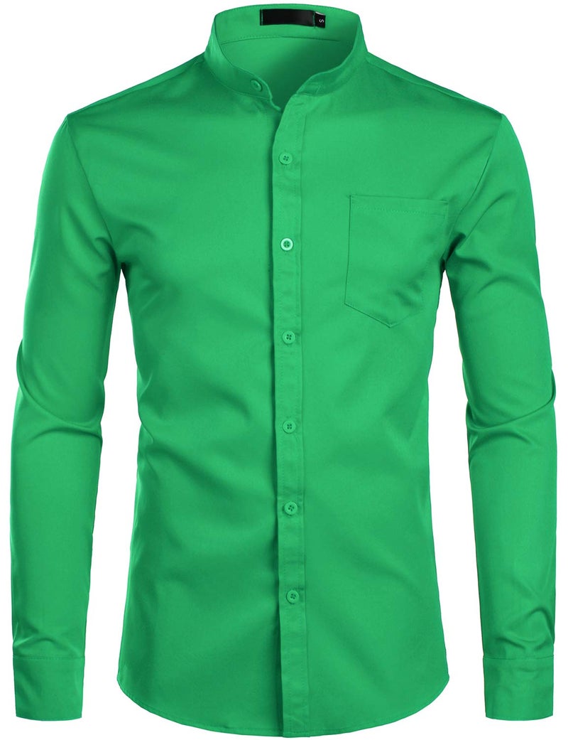 ZEROYAA Men's Banded Collar Slim Fit Long Sleeve Casual Button Down Dress Shirts with Pocket ZLCL09 Shamrock Green Large - Image 1